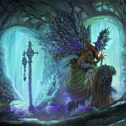 Prompt: a beautiful painting of a druid in moonkin form casting a spell in a dungeon, world of warcraft concept art