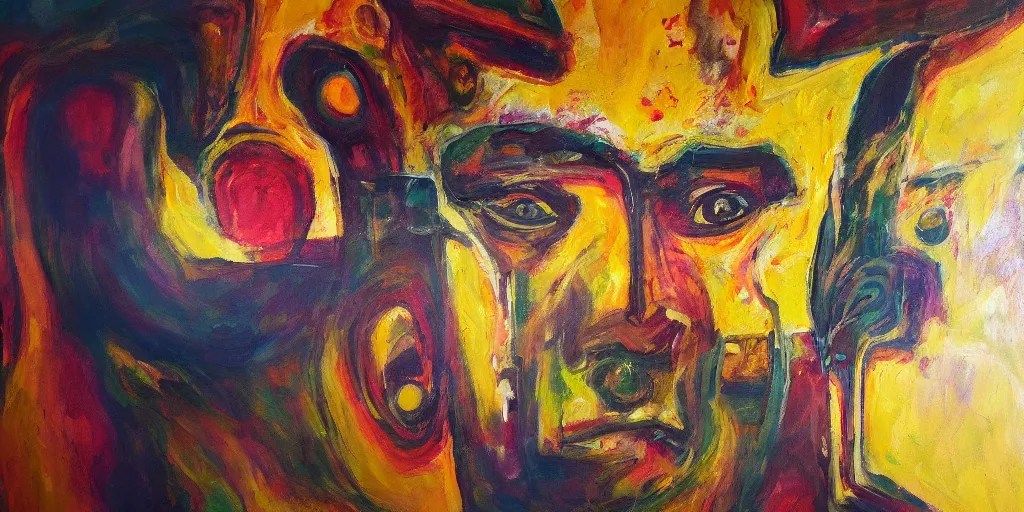 Prompt: interdimensional abstract painting of a man removing a nail from his third eye