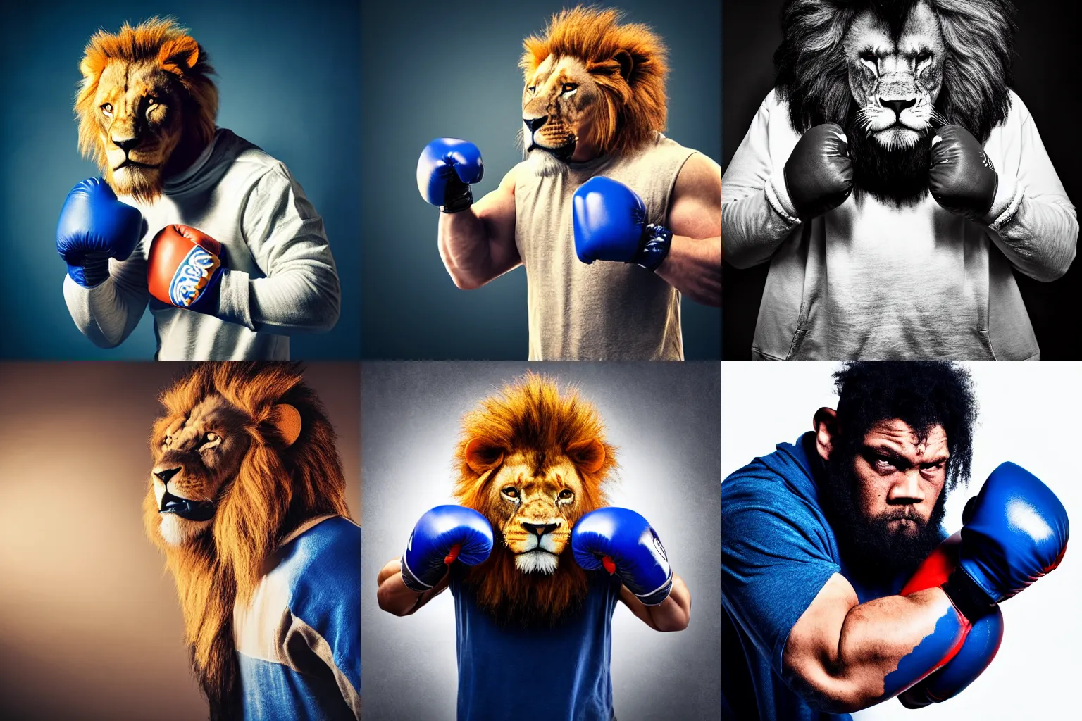 Prompt: high detail cinematic photograph portrait , epic pose mutant powerlifter muscular oversized lion with big eyes is wearing dirty bloody hoodie and boxing gloves, very dramatic dark studio blue backlight