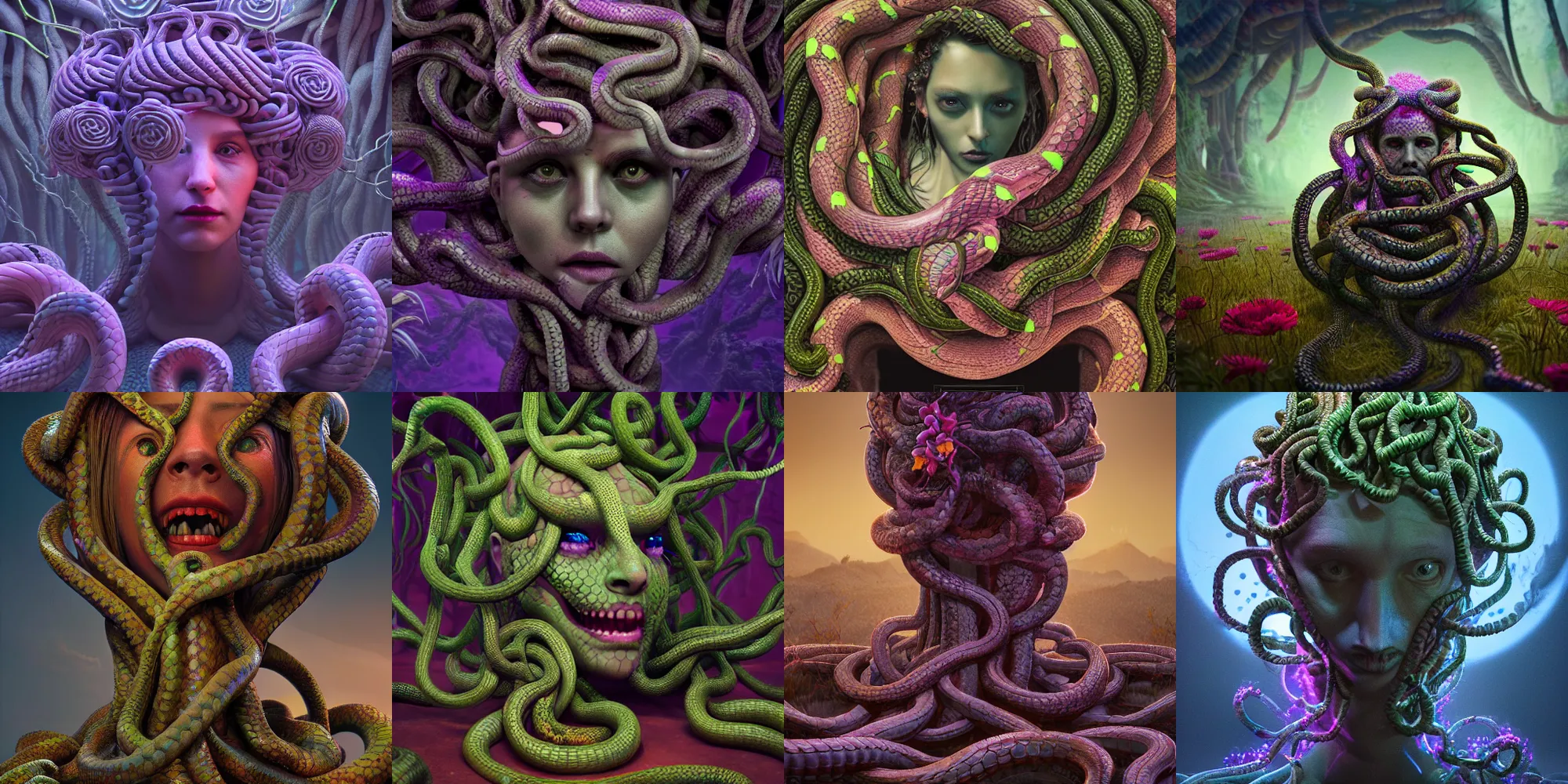 Prompt: creepy medusa gorgon gaze head, highly detailed snakes, beautiful flowers, beautiful dark creepy landscape, in the style of beeple and mike winkelmann, intricate, epic lighting, cinematic composition, hyper realistic, 8 k resolution, unreal engine 5, raytracing, ultraviolet colors,