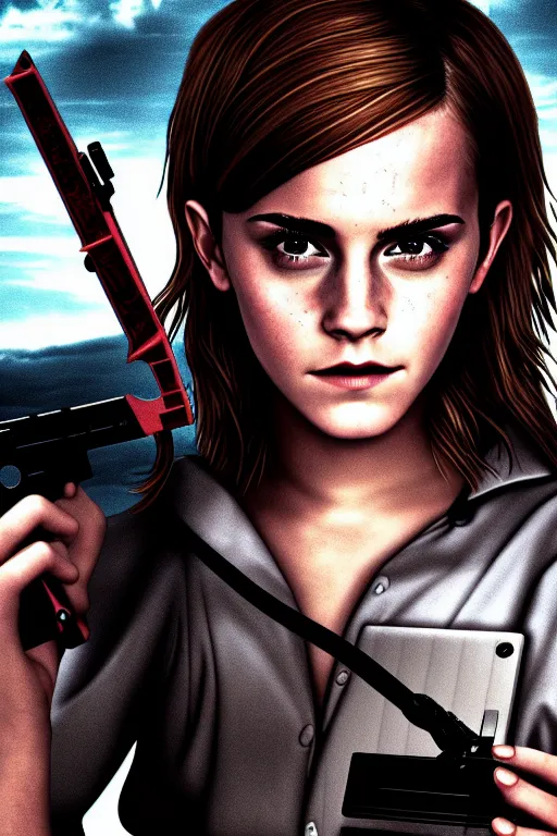 Prompt: emma watson, survival horror, playstation 2 game box keyart