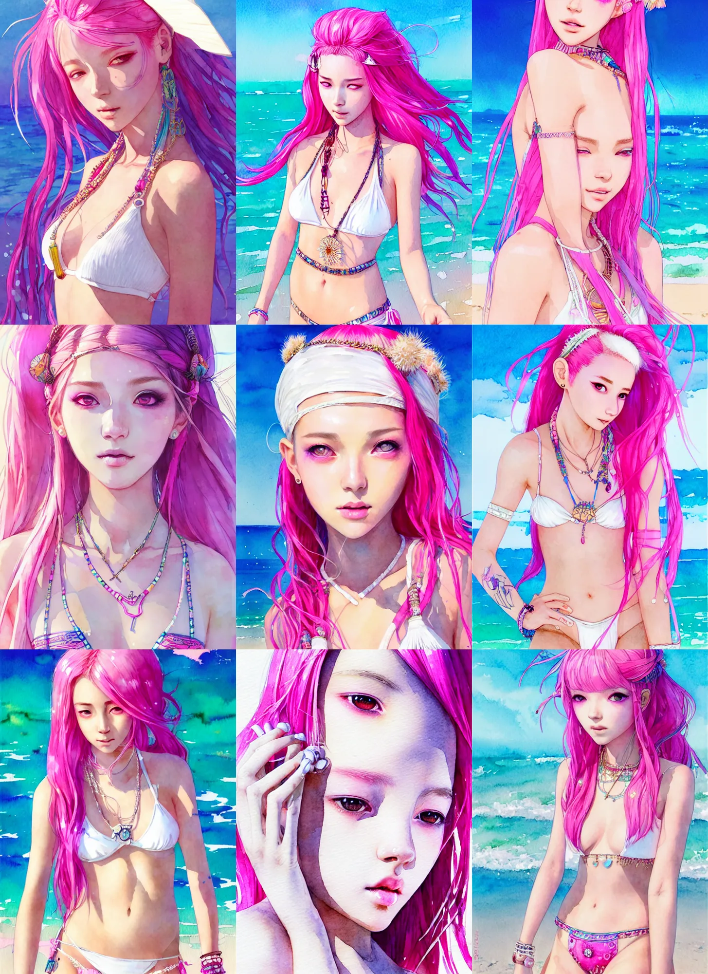 Prompt: portrait of a beautiful girl with pink hair with boho accessories, in white reflective bikini at beach, symmetry face, top lighting, cute - fine - face, ( watercolor ), dilraba dilmurat, art by hidari and krenz and wenjun lin and starember and kuvshinov ilya and kidmo and rossdraws and artgerm