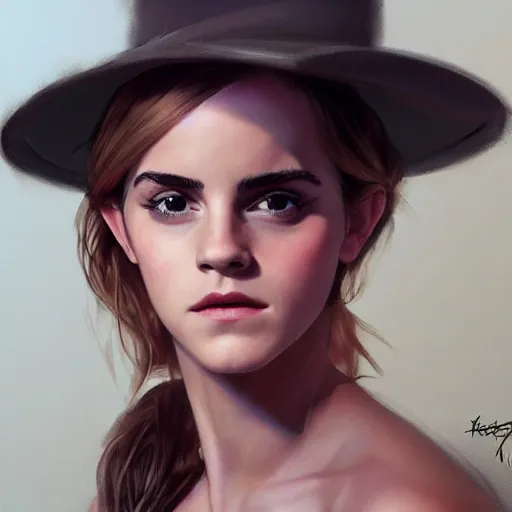 Prompt: sensual emma watson wearing a hat and a dress, looking seductive, cowgirl, hyperrealistic, artgerm, greg rutkowski, artstation, highly detailed