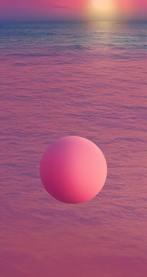 Image similar to shot of a ball made of dripping tropical water floating over the horizon of a beautiful pink ocean, alien planet, gorgeous beach horizon, rule of thirds, trending on artstation, iphone wallpaper, clean digital art