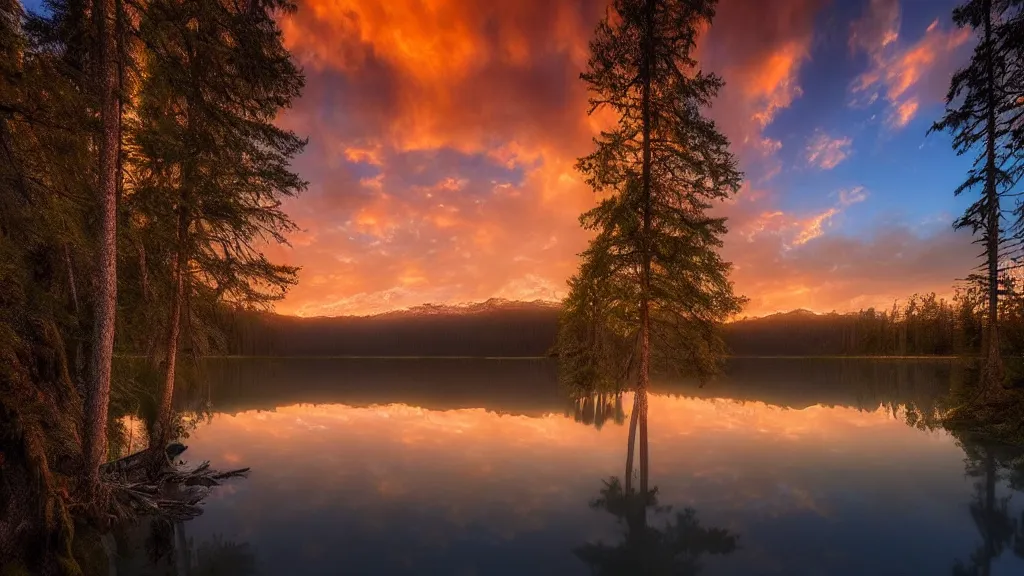 Image similar to amazing landscape photo of a forest with lake in sunset by marc adamus, beautiful dramatic lighting