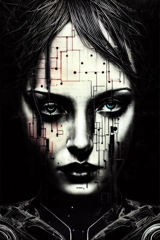 Image similar to dreamy cyberpunk girl, abstract black leather, digital nodes, beautiful woman, detailed acrylic, grunge, intricate complexity, by dan mumford and by lee jeffries, peter lindbergh