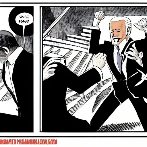 Image similar to manga panel of Joe Biden falling down the steps in the style of Spy X Family