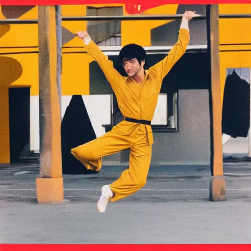 Image similar to a kick by Bruce Lee wearing a yellow jumpsuit by Gian Galang