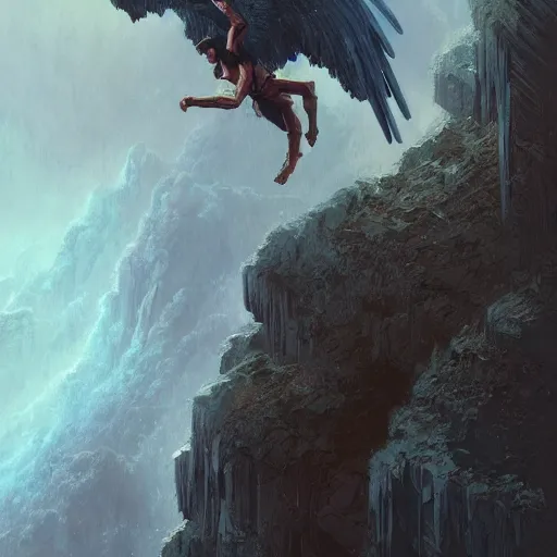 Image similar to angel protecting man falling from a cliff, detailed intricate ink illustration, happy atmosphere, detailed illustration, hd, 4k, digital art, overdetailed art, by greg rutkowski, by loish, complementing colors, Trending on artstation, movie poster style