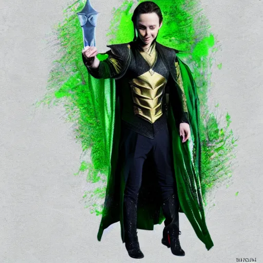 Image similar to Elijah Wood as Loki, full body portrait