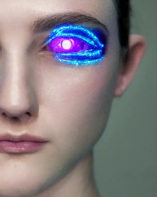 Image similar to natural light, soft focus portrait of an android with soft synthetic pink skin, blue bioluminescent plastics, smooth shiny metal, elaborate electronic jewellery, screens for eyes, leds, piercings, face tattoo, skin textures, by annie liebovotz, paul lehr,