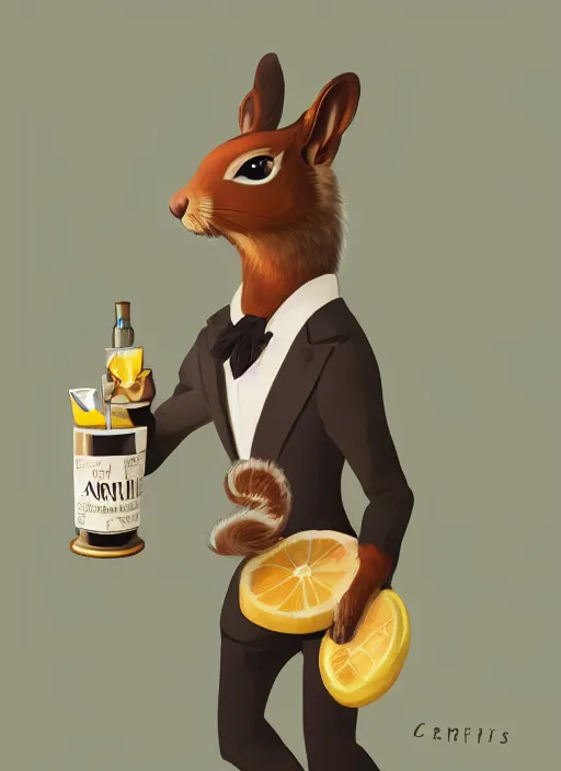 Prompt: squirrel anthro as a dapper bartender with a big, fluffy tail, retro futurism, art deco, detailed painterly digital art style by WLOP and Cory Loftis, 🐿🍸🍋, furaffinity, trending on artstation