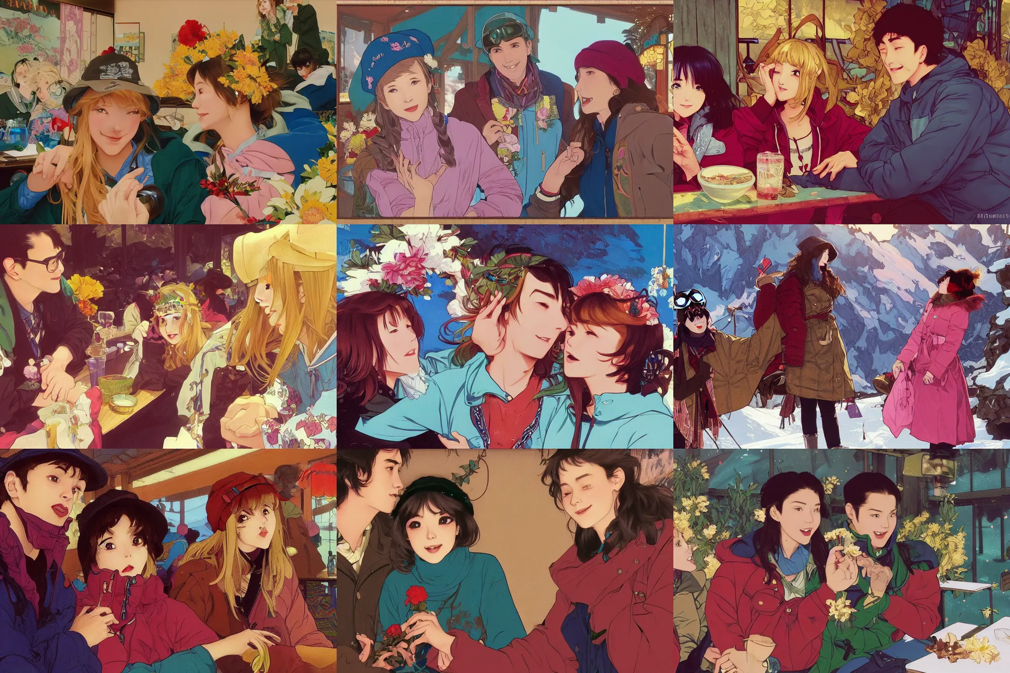 Prompt: a cinematic joyous closeup moment of two school friends enjoying life in a ski cafe and visiting wearing boho clothing peonies, boy girl traditional romance, full body illustration,bestselling movie poster, official media, pixiv, 1990s fashion, official anime media incredible art by wong kar wai and artgerm and greg rutkowski and alphonse mucha and simon stalenhag and doja cat