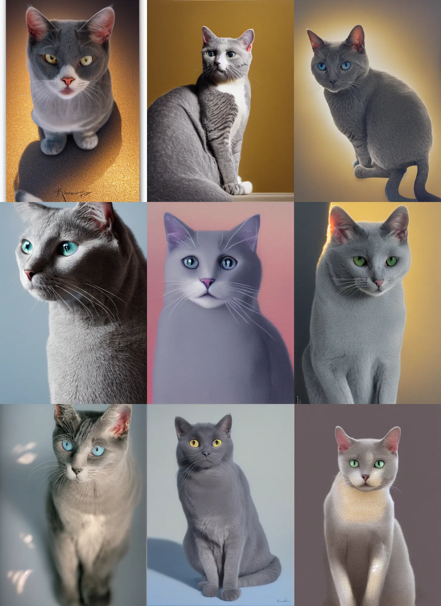 Prompt: a light gray cat with dark gray specks and blue eyes, medium shot, backlighting, golden hour, by Kenne Gregoire