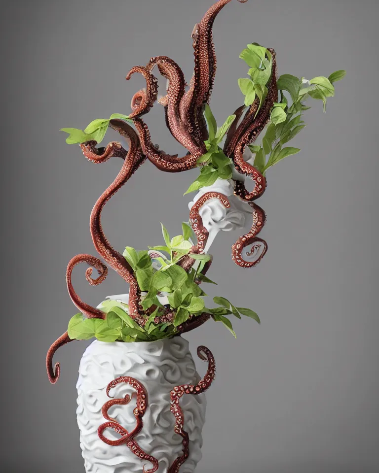 Prompt: “a modern decorated octopus vase. Professional photography.”