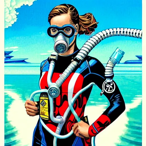 Image similar to tarot card of portrait of a female diver with a oxygen mask intricate detailed mask with front profile by MARVEL comics and Sandra Chevrier