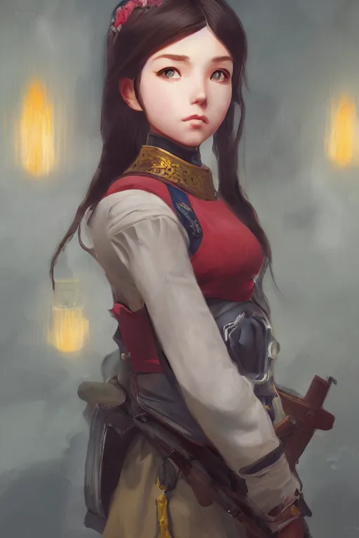 Prompt: a portrait of a cute female conquistador, historical setting, vivid colors, soft lighting, atmospheric, cinematic, moody, in the style of Ilya Kuvshinov and Range Murata, Krenz Cushart, rule of thirds, oil on canvas, 8k