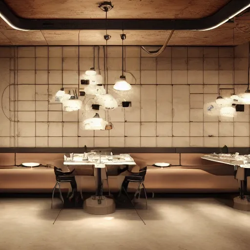 Prompt: three large kuka industrial robot arms having dinner inside a fine dining restaurant, mid - century modern furniture and decor, global illumination, artstation, fantasy