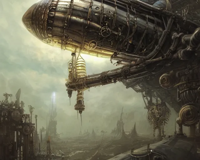 Prompt: legendary steampunk airship, medieval planet, alien technology, cinematic, highly detailed, smogpunk engines, scifi, intricate digital painting, interesting angle, gigantic landing pad, scifi base, artstation, by johnson ting, jama jurabaev