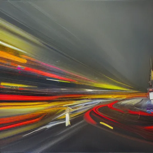 Prompt: abstract oil painting of a long exposure of a busy street