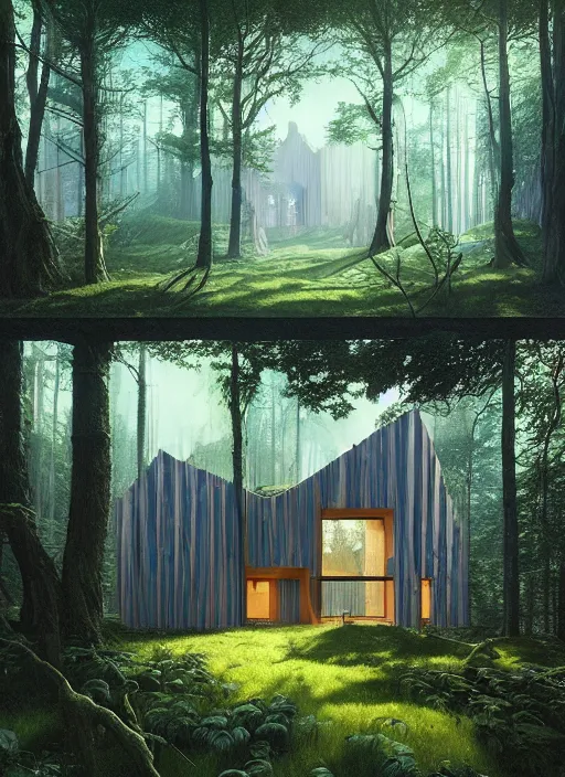 Image similar to hyper realistic witchy modern house with mood lighting and tech in the woods gorgeous lighting, sunbeams blue sky, highly detailed, lush forest foliage painting by zdzisław beksinski and norman rockwell and greg rutkowski weta studio, and lucasfilm