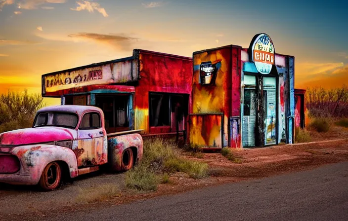 Prompt: A beautiful colorful evening scene of route66 with abandoned gas station and rusty old pickup truck, hyper realistic, blinding backlight evening sun