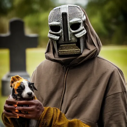 Image similar to MF DOOM standing in a graveyard with a dug up coffin, highly detailed mask, portrait photography, 8k