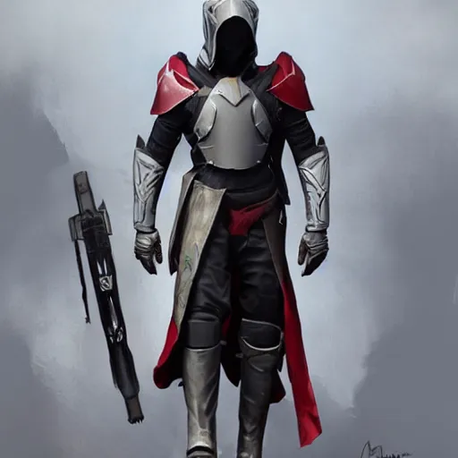 Image similar to destiny 2 concept armor for hunter male, hooded, cape, character portrait, realistic, cg art, artgerm, greg rutkowski