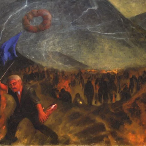 Image similar to Benjamin Netanyahu carrying sacks of money up an obsidian mountain in hell, dark sky, storm, by Franz Stuck