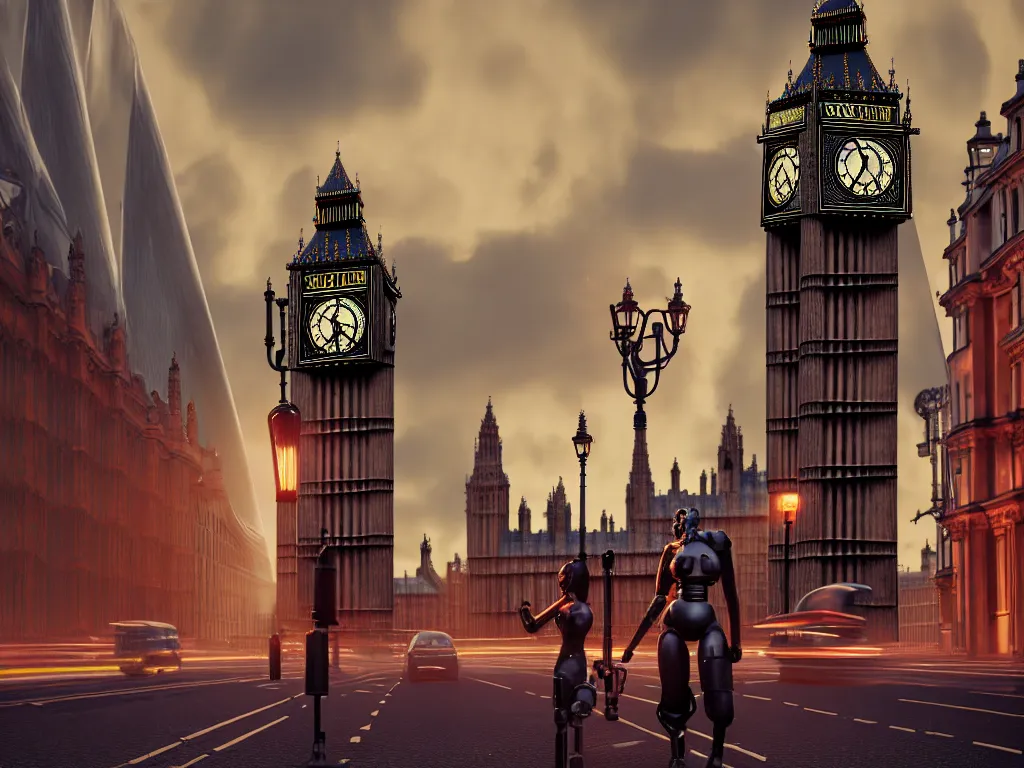 Image similar to a giant ancient beautiful cyborg of the elder gods with pipes and tubes in the city of London, an image of a beautiful cyborg, a beautiful cyborg, a cyborg, London streets with bigben in the background, colourful, dramatic lighting, golden hour, very detailed octane render very realistic beautiful