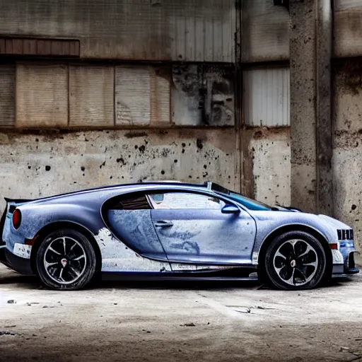 Image similar to an abandoned, derelict, rusty bugatti chiron in a dirty warehouse