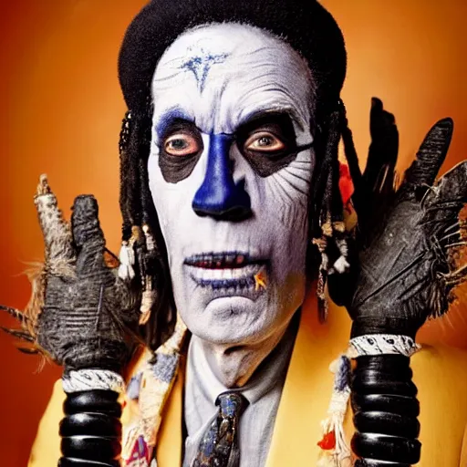 Image similar to uhd candid photo of joe biden dressed as a voodoo priest, wearing bizarre voodoo makeup, with accurate face, intricate voodoo costume, uhd, studio lighting, correct face, photo by annie leibovitz