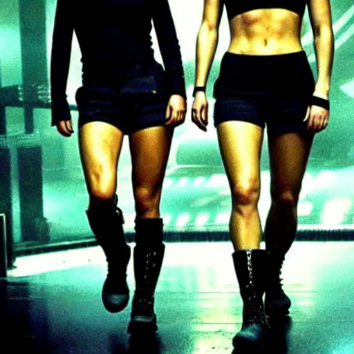 Image similar to julianne hough and jennifer lawrence by ridley scott, secret agents, wearing black shorts, wearing black boots, wearing a cropped tops, blade runner, highly detailed, movie still, intense, sharp focus, cyberpunk, hq