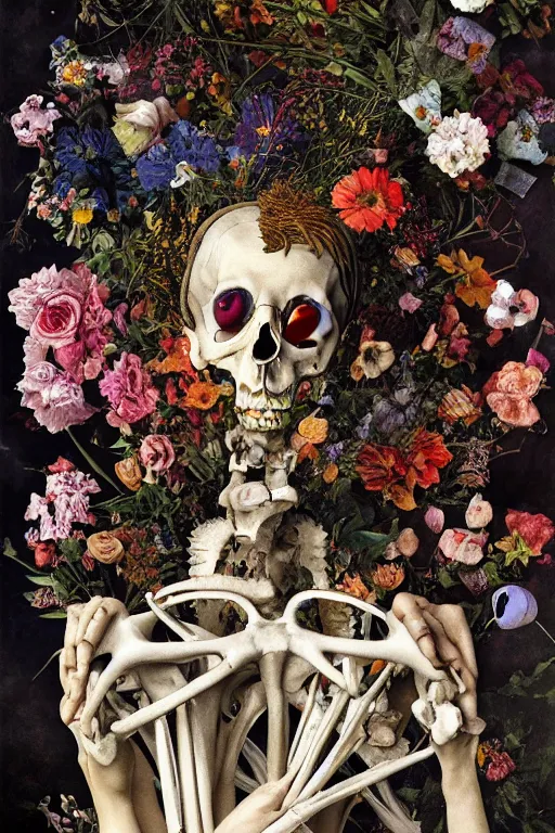 Image similar to a man lays in a bed of flowers and bones, he has large eyes and lips and feels an existential dread of love, HD Mixed media collage, highly detailed and intricate, surreal illustration in the style of Caravaggio, baroque dark art