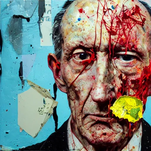 Prompt: hyperrealistic, photorealistic, mixed media oil painting of william s burroughs, magazine scraps, plaster, blood, oil, mustard, splatter, greg rutkowski, basquiat, ralph steadman, wesley kimler