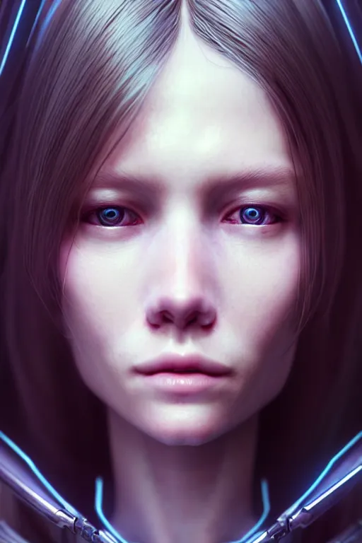 Image similar to a portrait of a beautiful 28th century super cool post-human female very young with long hair, barely human and largely biomechanical cyberpunk, hyper-realistic, very detailed unreal engine, by Artgerm, WLOP and Ross Thran, dramatic cinematic lighting rendered by octane, 8k, detailed, trending on artstation, deviantart google images, pinterest