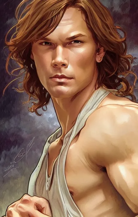 Prompt: pretty muscular sam winchester as a character in romance book art design, character concept, sharp focus!, ultra detailed, art by artgerm alphonse mucha, wlop