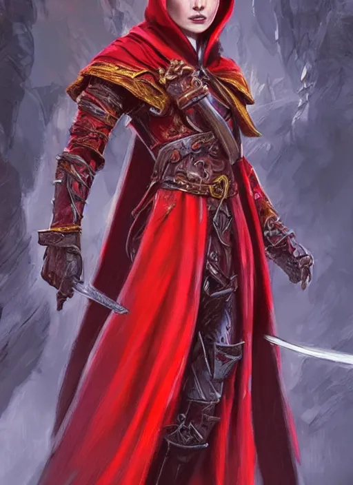 Prompt: bright red cloak female priest, ultra detailed fantasy, dndbeyond, bright, colourful, realistic, dnd character portrait, full body, pathfinder, pinterest, art by ralph horsley, dnd, rpg, lotr game design fanart by concept art, behance hd, artstation, deviantart, hdr render in unreal engine 5