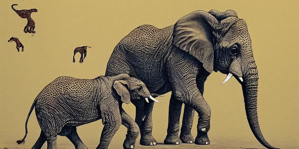 Prompt: Highly detailed painting of a elephant and a cheetah by moebius