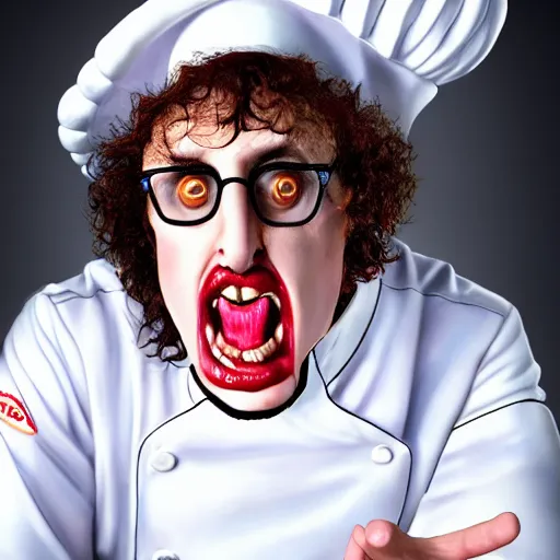 Image similar to a crazed weird al wearing a chef's hat and uniform with half of his lower body inside a bowl of alfredo, realistic, hyperrealistic, ultra realistic, real, real world, highly detailed, very detailed, extremely detailed, intricate details, 8 k resolution, hd quality