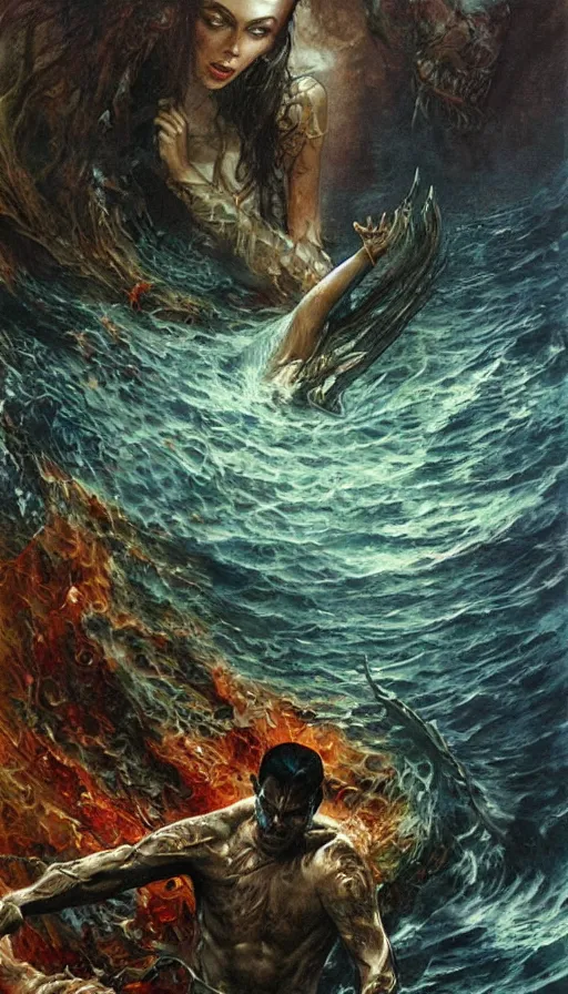 Image similar to man on boat crossing a body of water in hell with creatures in the water, sea of souls, by karol bak