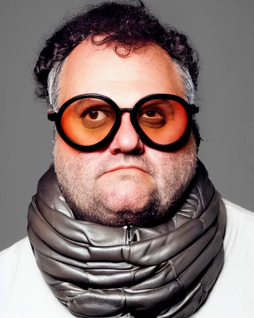 Prompt: headshot of josh mostel wearing a leather cap and aviator goggles, he is also wearing an a 2 flight jacket, a long white scarf is wrapped around his neck, he has a 5 o'clock shadow, a crazed angry look on his face