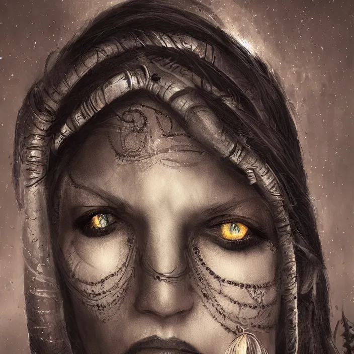 Image similar to tribal matriarch, cruelty, dark light, ambient, bokeh, hd, concept art, digital painting