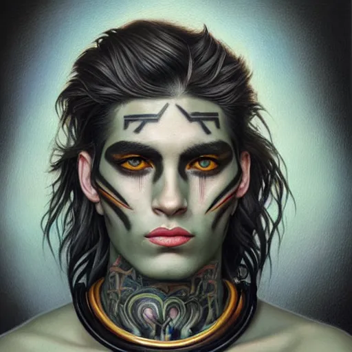 Image similar to ultra realistic portrait painting of a perfect handsome man green eyes black and grey hair, neck tribal snake tattoo, painted by Tristan Eaton Stanley Artgerm and Tom Bagshaw