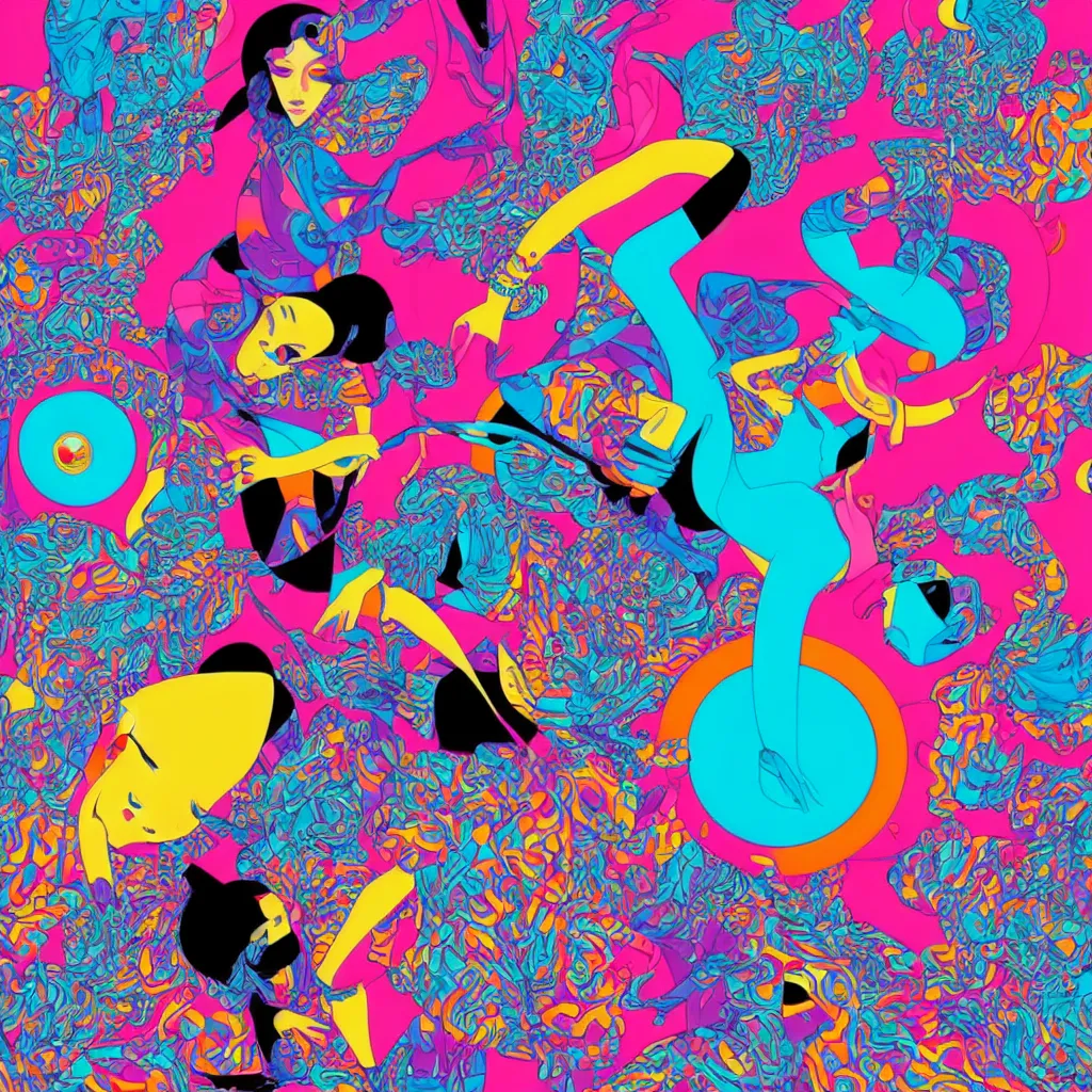 Image similar to futuristic disco, colors and shapes by tristan eaton and james jean, chiho aoshima color scheme