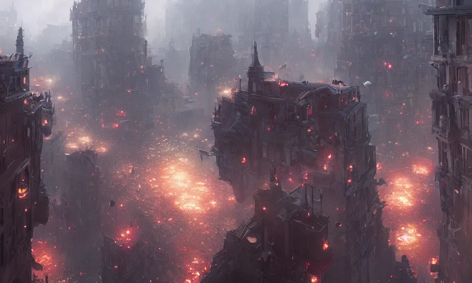 Image similar to roses falling over a city, Greg Rutkowski, ArtStation, CGSociety, Unreal Engine