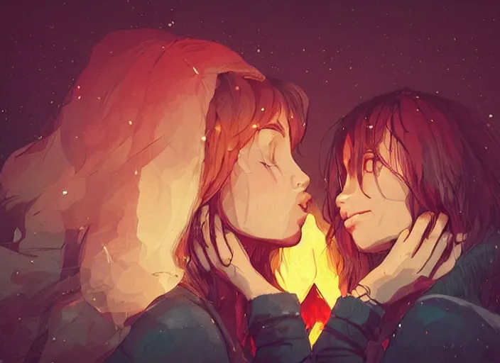 Prompt: two woman kiss next to a campfire, cozy, night sky, digital art, highly detailed face, beautiful face, portrait, by conrad roset, by wlop, anime style, octane render