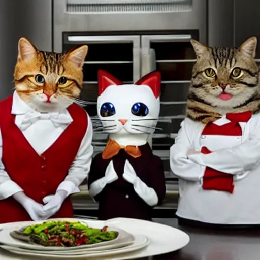 Image similar to anthropomorphic cats competing in masterchef