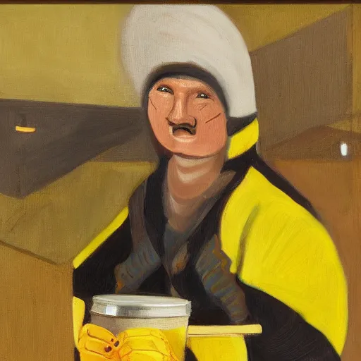 Prompt: tired nightshift man in a bumblebee suit sips a coffee, highly detailed, masterpiece, oil on canvas