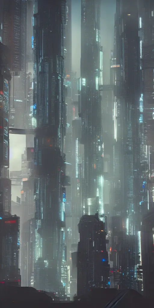 Prompt: Large cyberpunk skyscraper with smaller buildings, octane render, foggy atmosphere, style of bladerunner